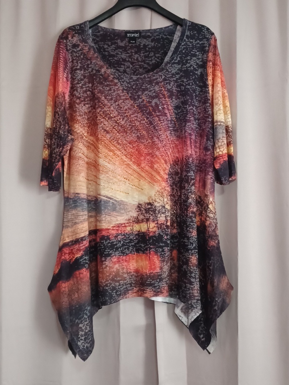 Zuriel Wearable Art Landscape Sunset Tunic Assymmetrical Hem Rhinestones Plus Sz